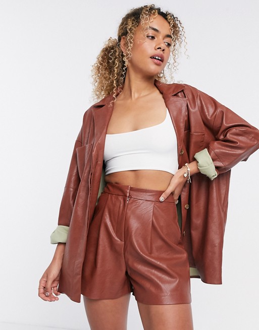 ASOS DESIGN leather look suit shacket brown