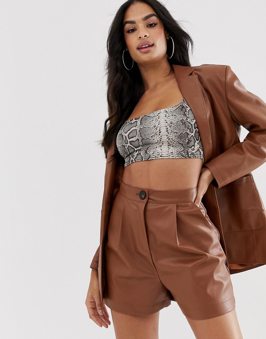 ASOS DESIGN leather look suit shorts in tan