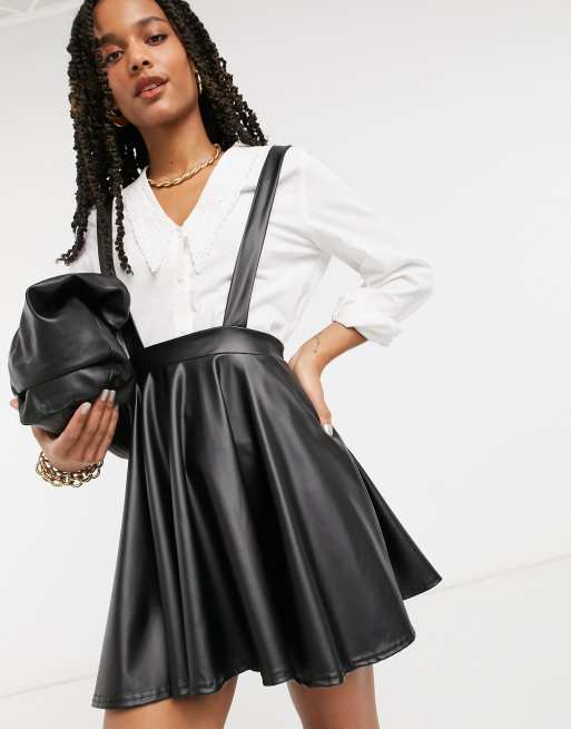 party look black leather skater skirt blouse  Leather dresses, Black leather  skirts, Leather skirt