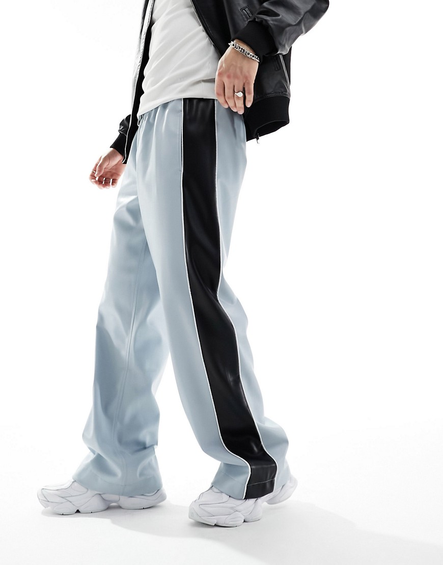 leather look sweatpants in blue with side stripe