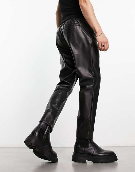 ASOS DESIGN tapered pants in leather look in black