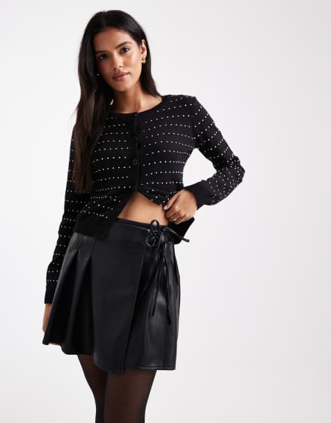 ASOS DESIGN leather look tennis mini skirt with tie in black
