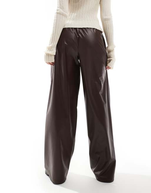 ASOS DESIGN leather look tie waist wide leg pants in chocolate, 4 of 5