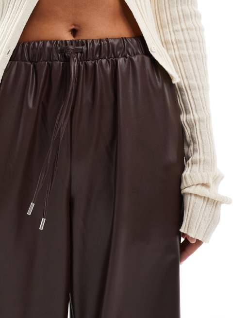 ASOS DESIGN leather look tie waist wide leg pants in chocolate, 5 of 5