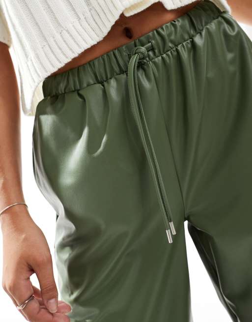ASOS DESIGN leather look tie waist wide leg pants in green, 3 of 5