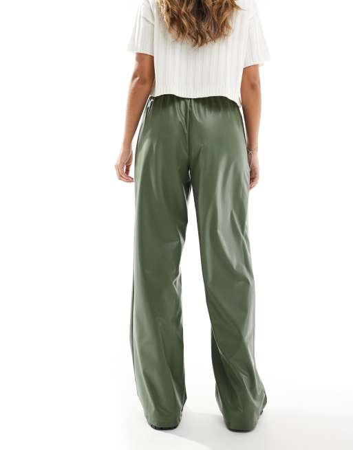 ASOS DESIGN leather look tie waist wide leg pants in green, 4 of 5