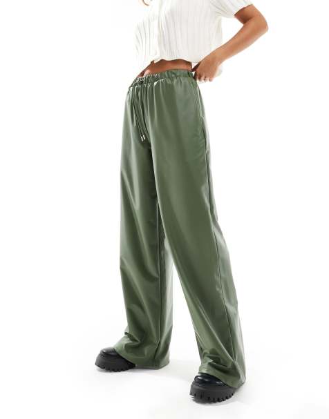ASOS DESIGN leather look tie waist wide leg trousers in green - view 1
