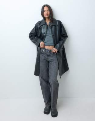 Asos Design Leather Look Top Collar Button Front Car Coat In Black