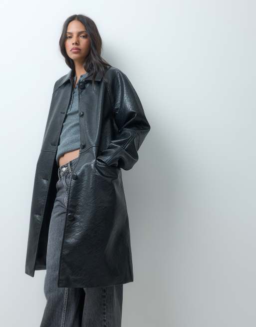 ASOS DESIGN leather look top collar button front car coat in black, 3 of 4