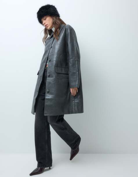 ASOS DESIGN leather look top collar button front car coat in grey - view 1