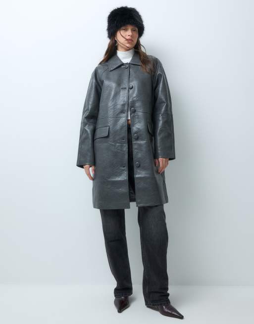 ASOS DESIGN leather look top collar button front car coat in grey, 3 of 5
