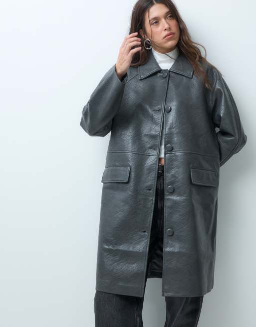 ASOS DESIGN leather look top collar button front car coat in grey, 4 of 5