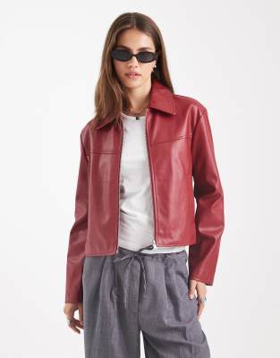 Asos Design Leather Look Top Collar Jacket In Red