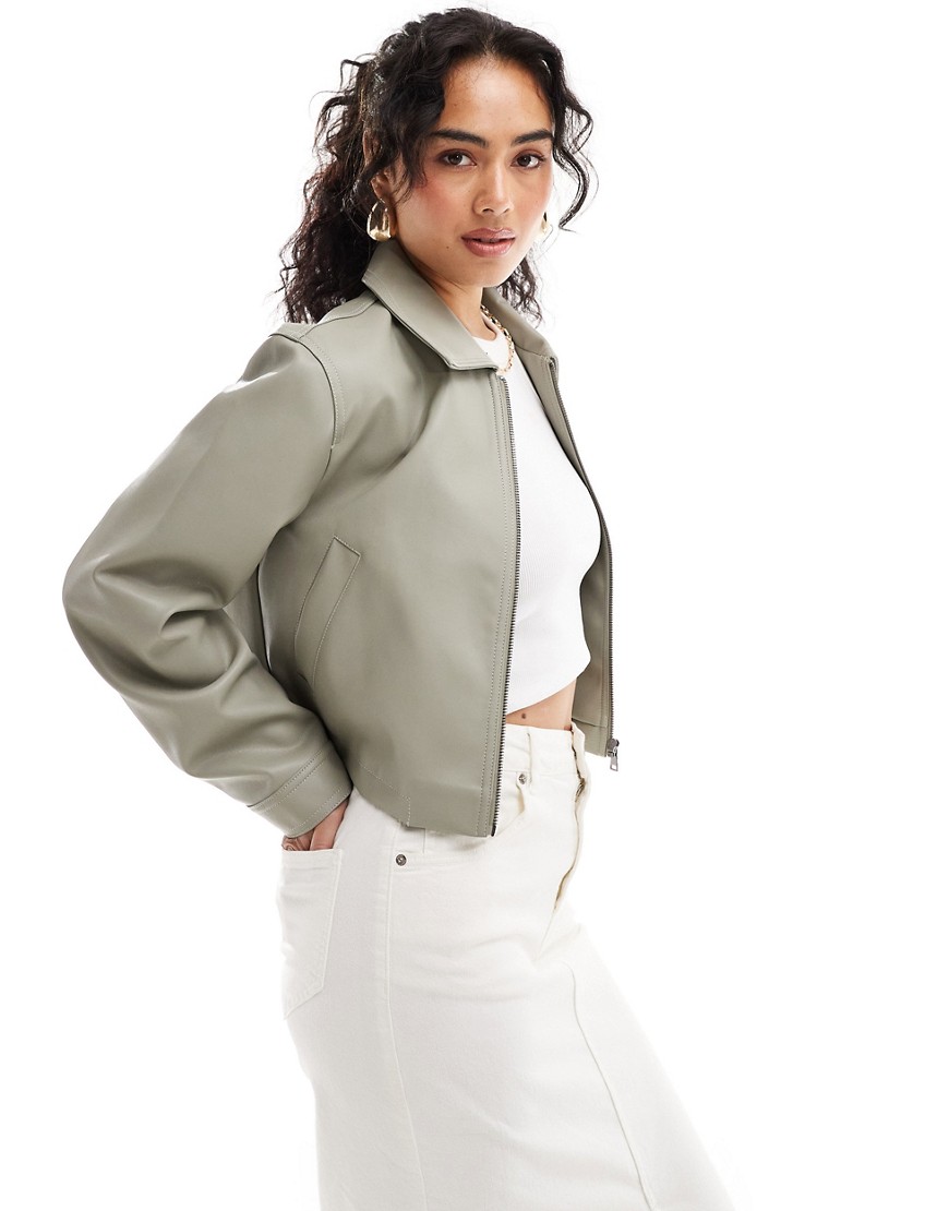 leather look top collar jacket in sage-White