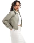 [ASOS DESIGN] ASOS DESIGN leather look top collar jacket in sage-White 16 Sage