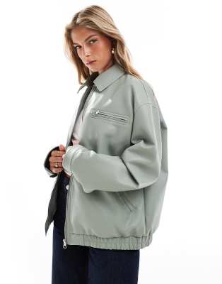 ASOS DESIGN ASOS DESIGN leather look top collar jacket in sage-Green