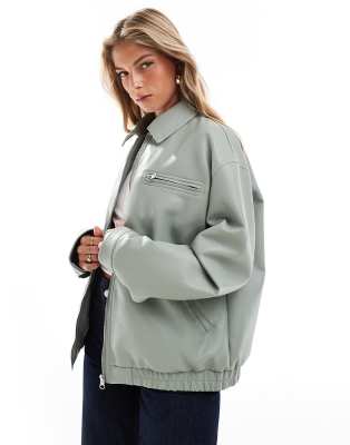 leather look top collar jacket in sage-Green