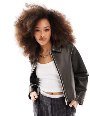 Asos Design Leather Look Top Collar Jacket In Washed Black