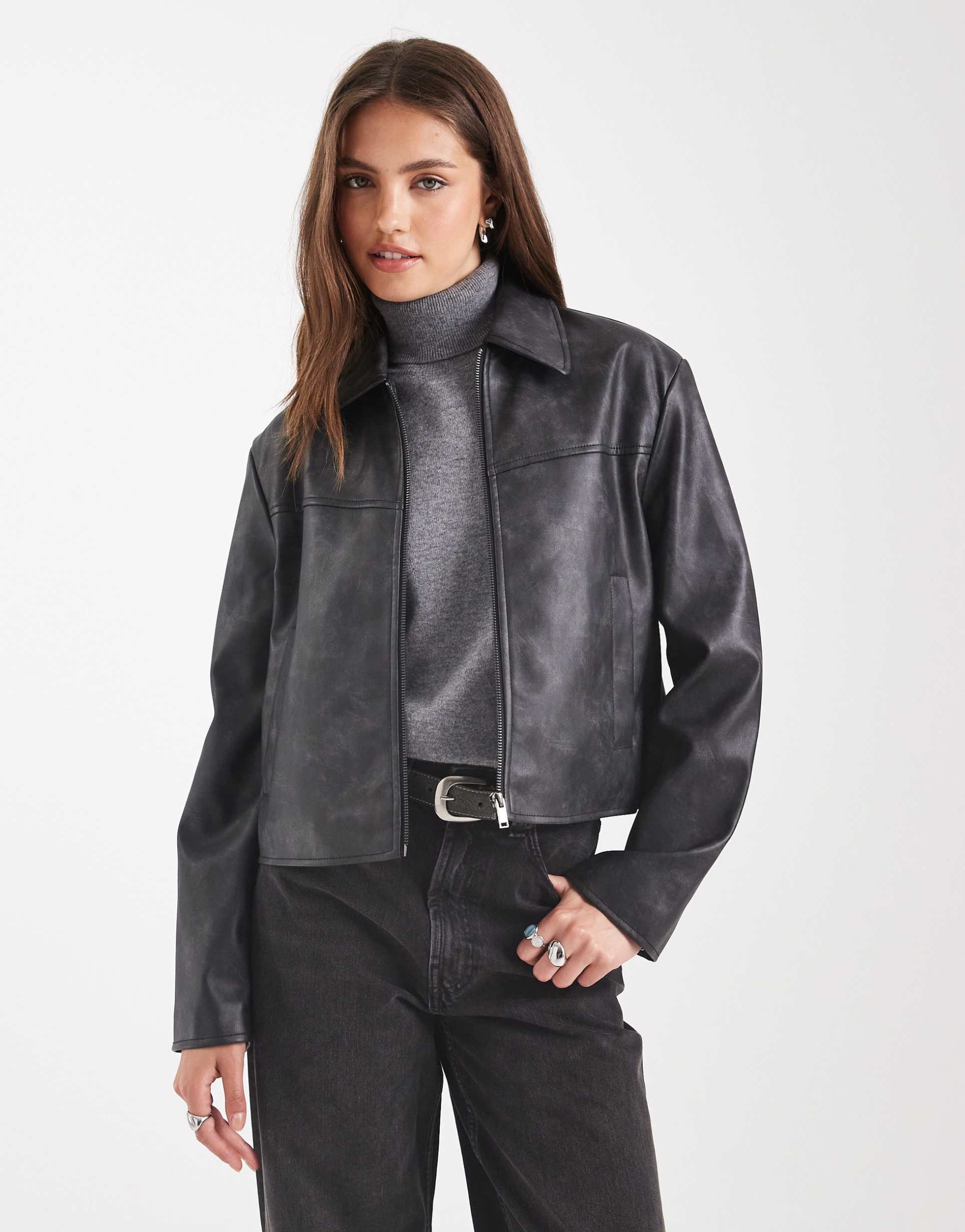 asos design leather look top collar jacket in washed black