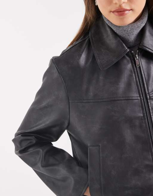 ASOS DESIGN - Veste en similicuir avec col - Noir délavé