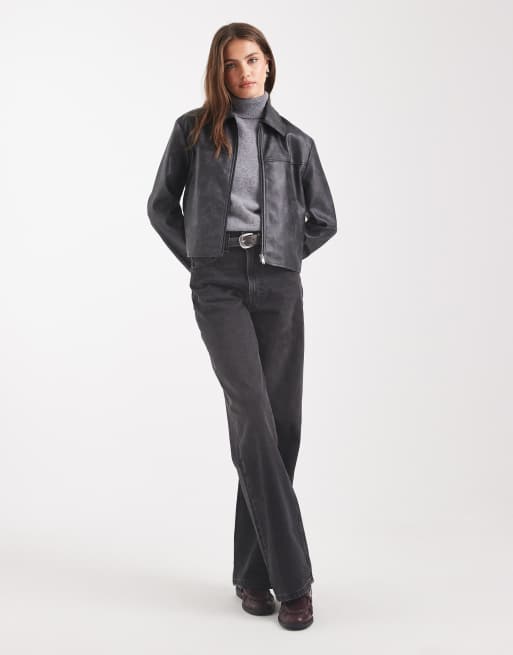 ASOS DESIGN - Veste en similicuir avec col - Noir délavé