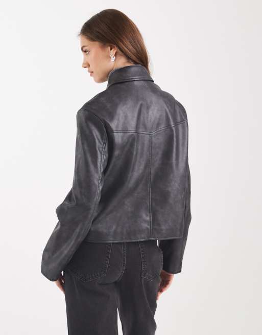 ASOS DESIGN - Veste en similicuir avec col - Noir délavé