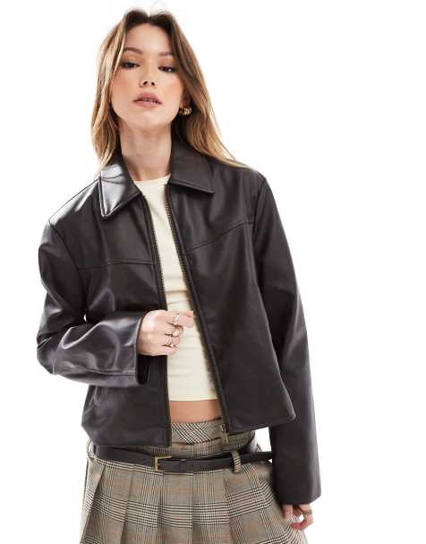 ASOS DESIGN leather look top collar jacket in washed brown - view 1