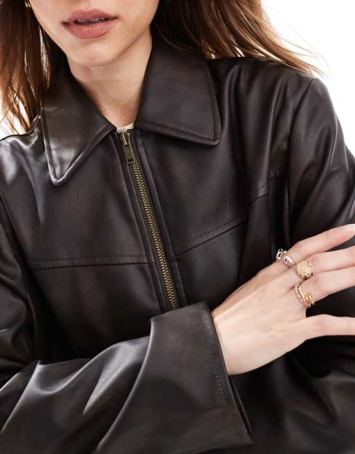 ASOS DESIGN leather look top collar jacket in washed brown
