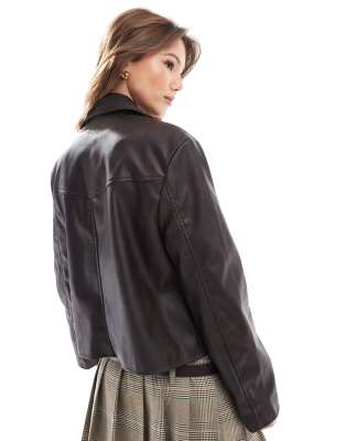 ASOS DESIGN leather look top collar jacket in washed brown
