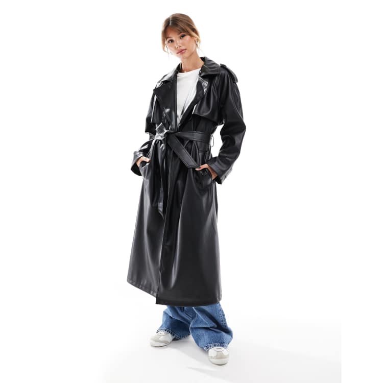 ASOS DESIGN leather look trench coat in black