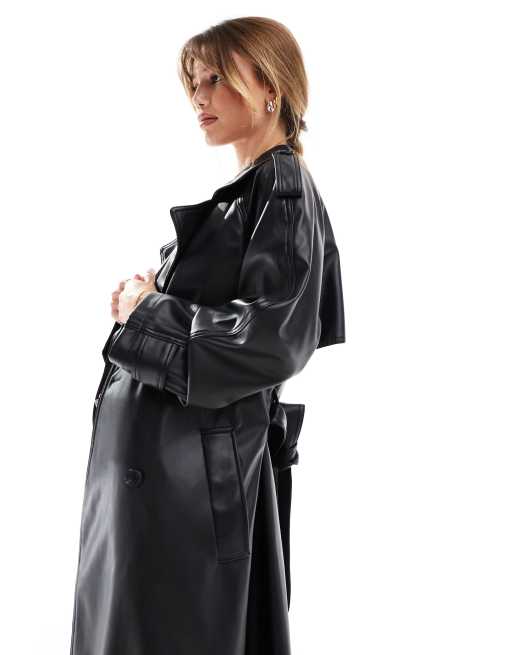 ASOS DESIGN leather look trench coat in black, 2 of 4
