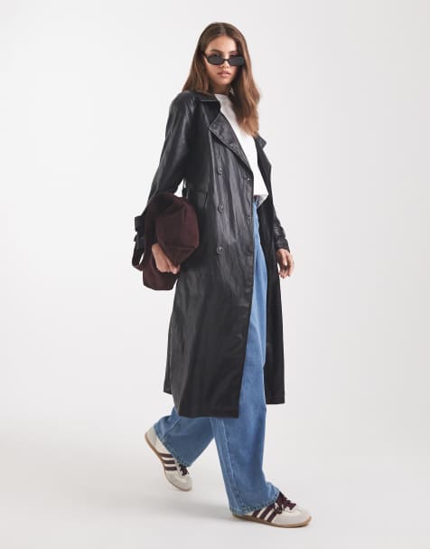 ASOS DESIGN leather look trench coat in black - view 1