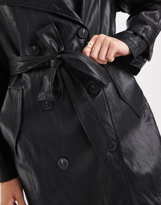 ASOS DESIGN leather look trench coat in black, 2 of 4