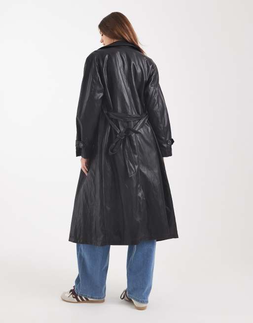 ASOS DESIGN leather look trench coat in black, 3 of 4