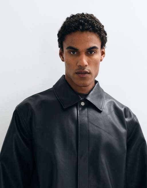 ASOS DESIGN leather look trench coat in black, 3 of 5