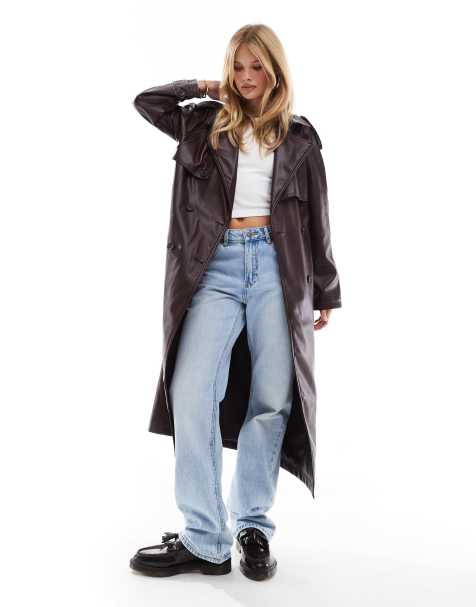 ASOS DESIGN leather look trench coat in burgundy - view 1