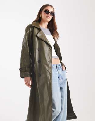 Asos Design Leather Look Trench Coat In Green