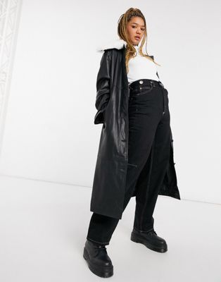 ASOS DESIGN leather look trench with faux fur collar in black | ASOS