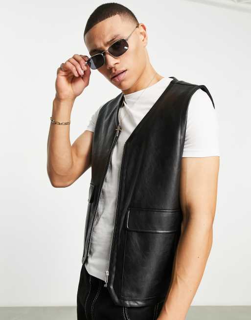 ASOS DESIGN leather look utility vest in black ASOS