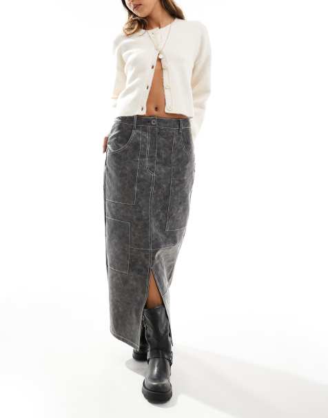 ASOS DESIGN leather look western midi skirt with contrast stitch in washed grey - view 1