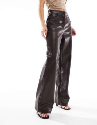 Asos Design Leather Look Wide Leg Pants In Brown