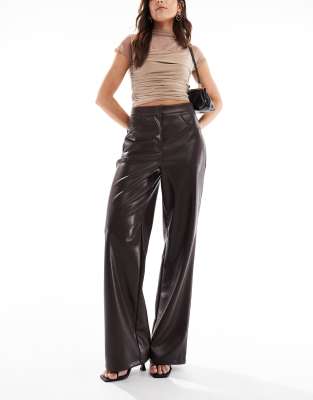 Asos Design Leather Look Wide Leg Pants In Brown