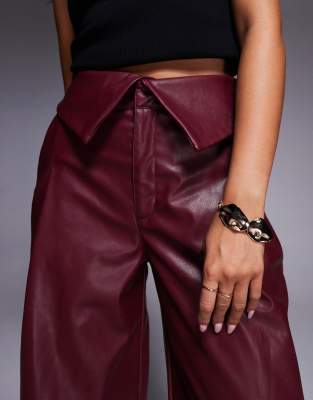 Asos Design Leather Look Wide Leg Pants With Fold Over Waist Detail In Red