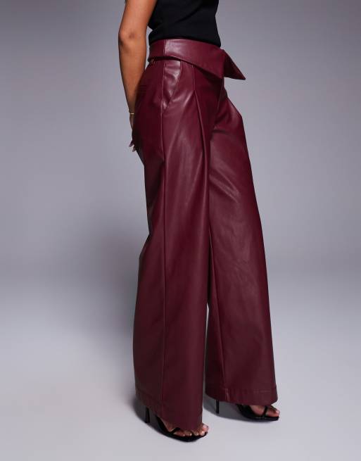 ASOS DESIGN leather look wide leg pants with fold over waist