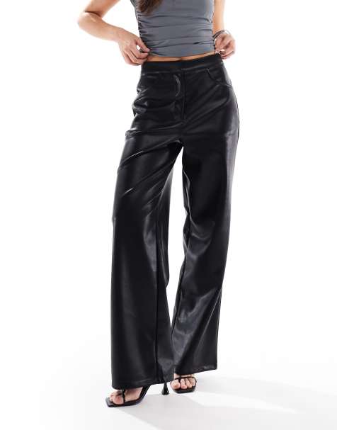 ASOS DESIGN leather look wide leg trouser in black