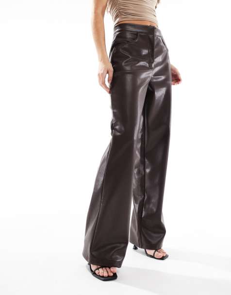 ASOS DESIGN leather look wide leg trouser in chocolate - view 1