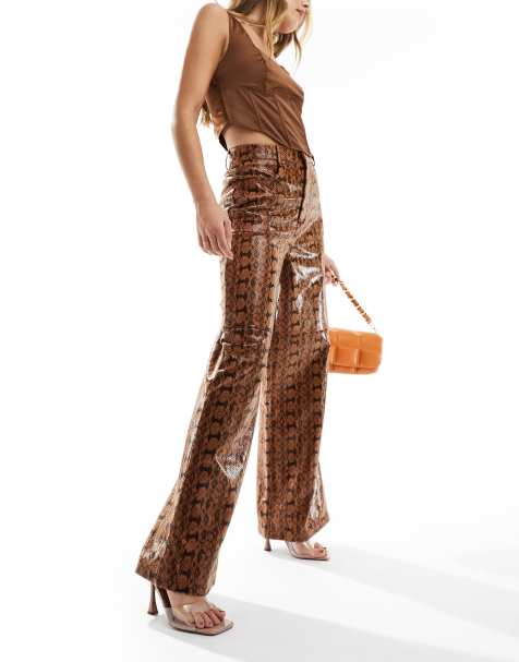 ASOS DESIGN leather look wide leg trousers in animal - view 1