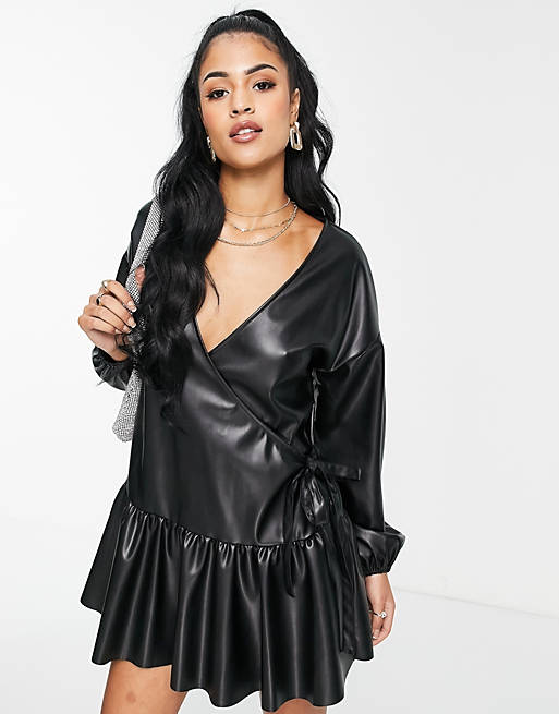 ASOS DESIGN leather-look wrap front mini smock dress in black