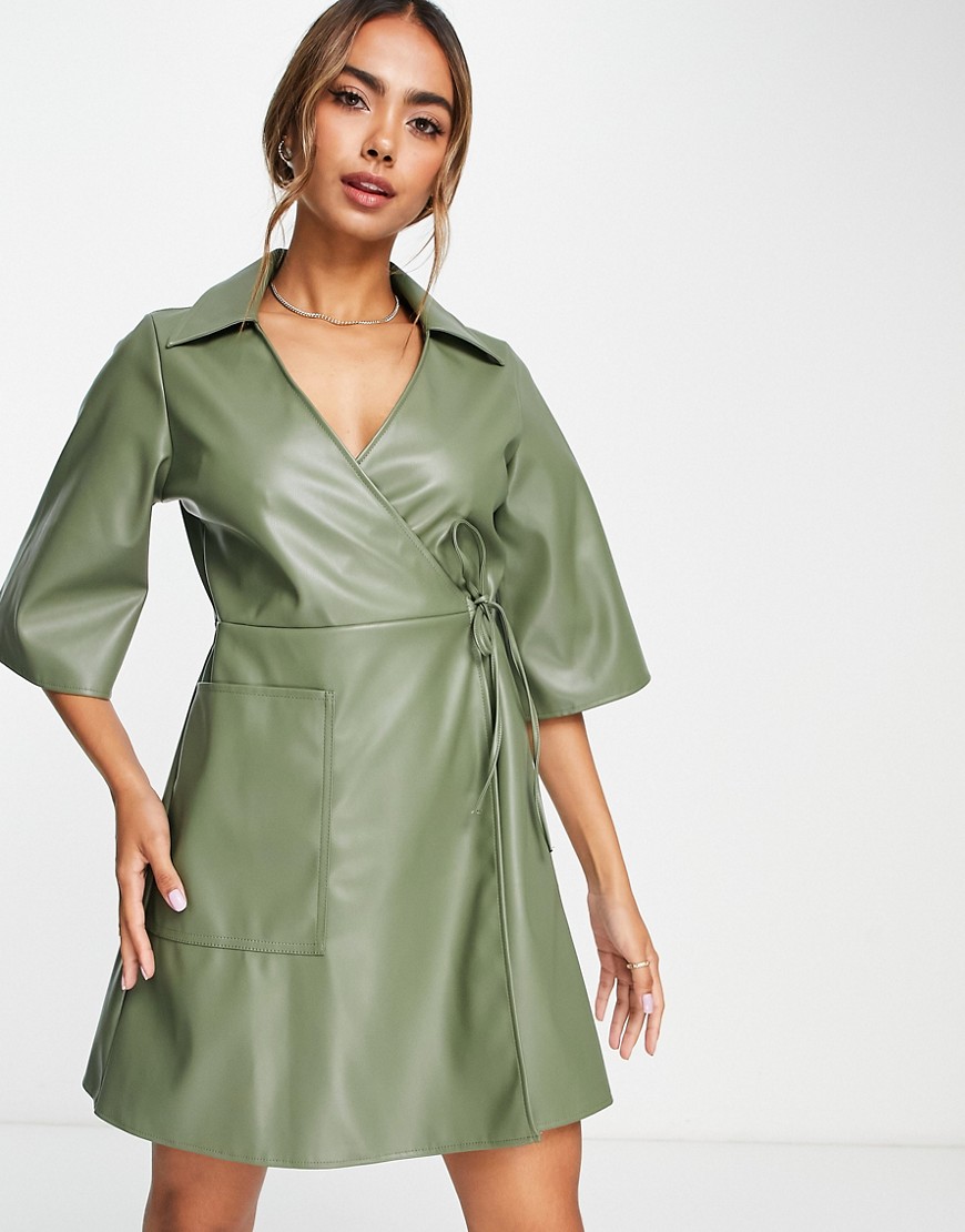 Asos Design Leather Look Wrap Mini Dress With Pocket In Olive-green