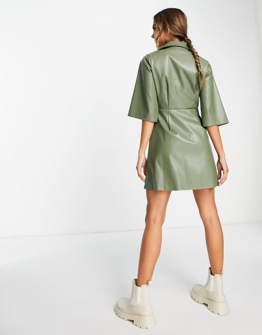 ASOS DESIGN leather look wrap mini dress with pocket in olive, 2 of 4